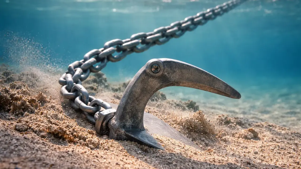 Ancre s'enfonçant dans le sable, sa chaîne s'étendant vers la surface. Le poids de l'ancre par rapport au bateau est essentiel pour le maintenir stable.