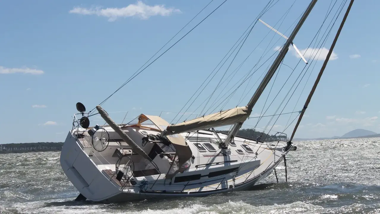 Un voilier échoué, incliné sur le côté, témoigne d'une possible collision bateau. Les vagues s'écrasent sur sa coque blanche sous un ciel bleu.