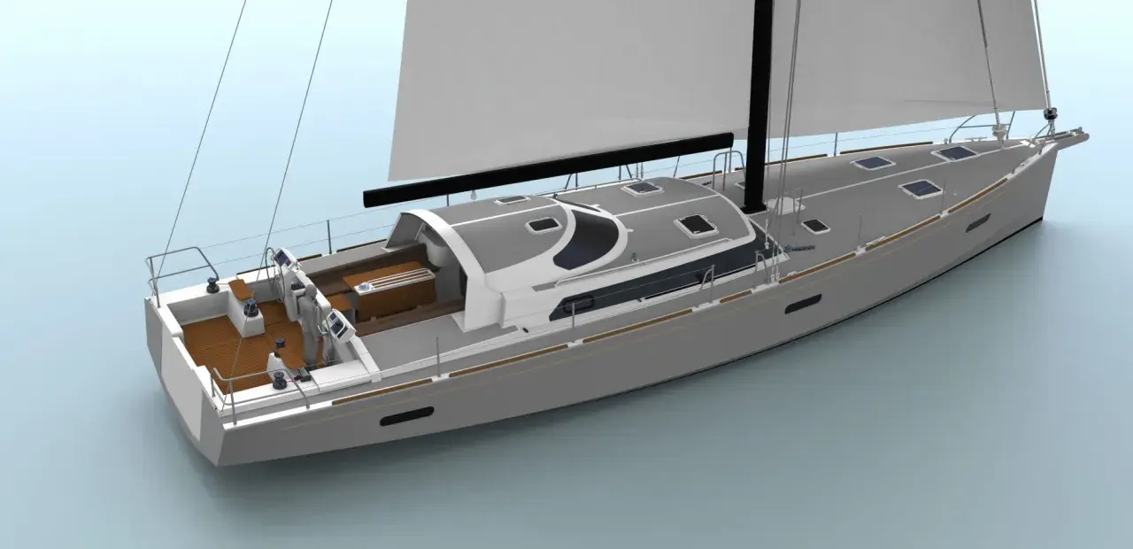 Voilier Boreal 70 moderne, avec une coque grise, un pont en teck et des voiles blanches déployées.