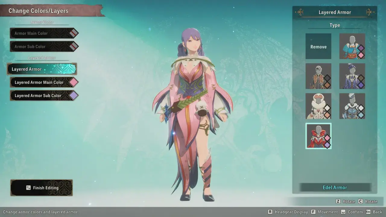 Personnage féminin avec une tenue rose et blanche, personnalisation de l'armure Edel.