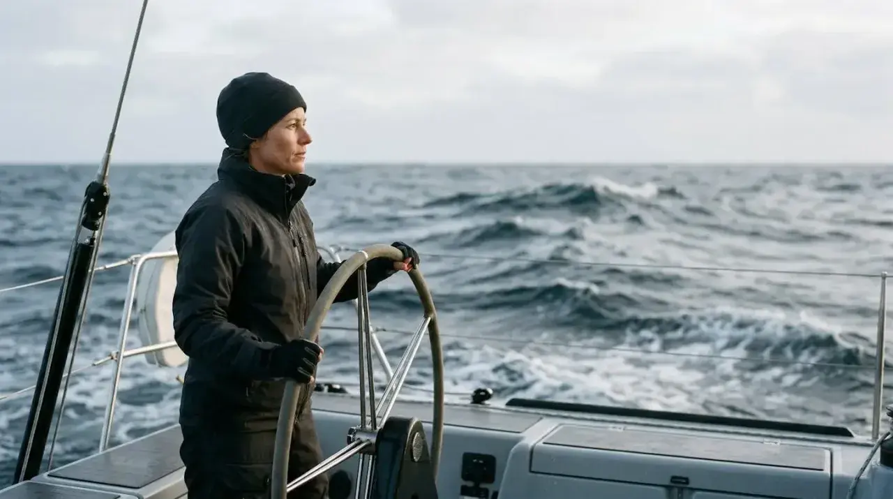 Une femme au gouvernail d'un bateau ardent, naviguant sur une mer agitée sous un ciel couvert.