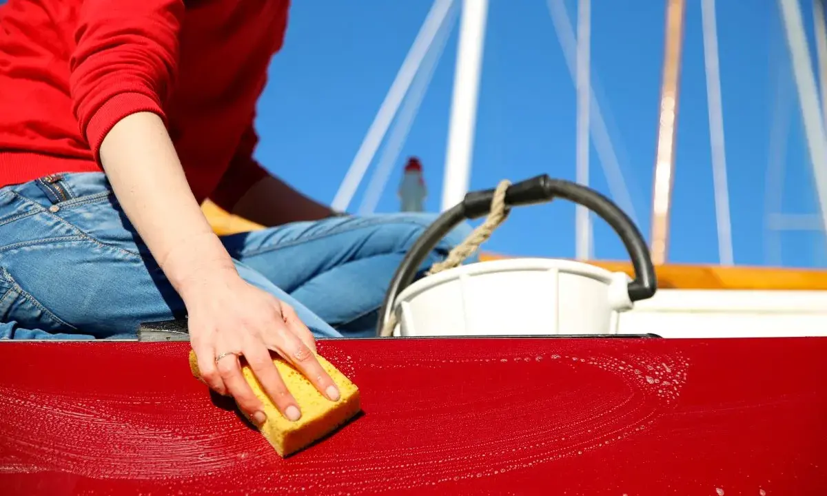 Nettoyage coque bateau vinaigre blanc : une main frotte la coque rouge avec une éponge savonneuse, sous un ciel bleu éclatant.