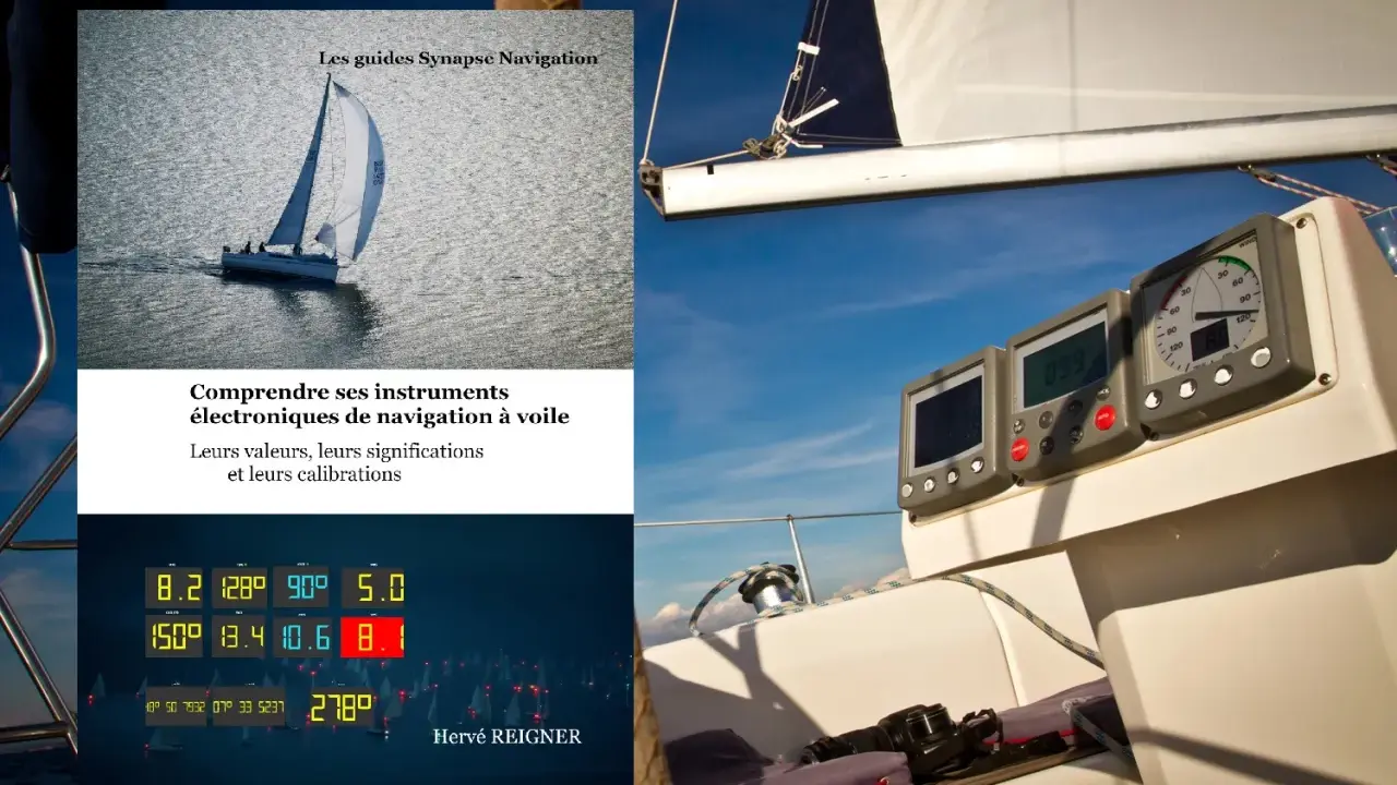 Instruments de navigation sur un voilier, affichant données et cap. L'étrave du bateau fend les flots.