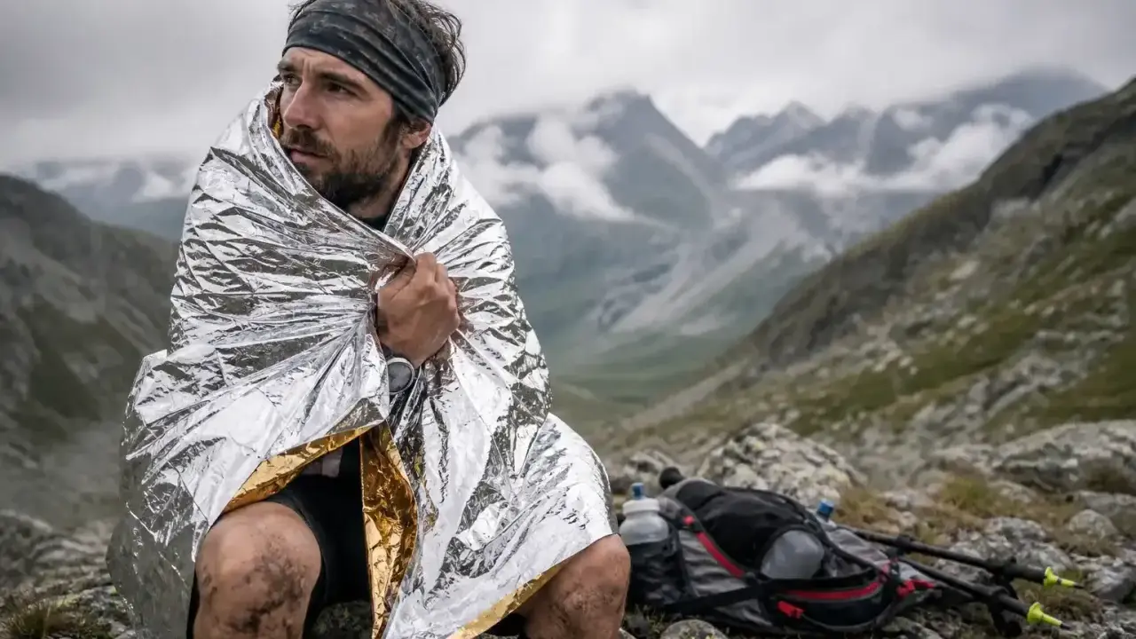 Un coureur transi, enveloppé dans une couverture de survie, contemple le paysage montagneux. Son sac à dos et ses bâtons de randonnée sont posés à côté.