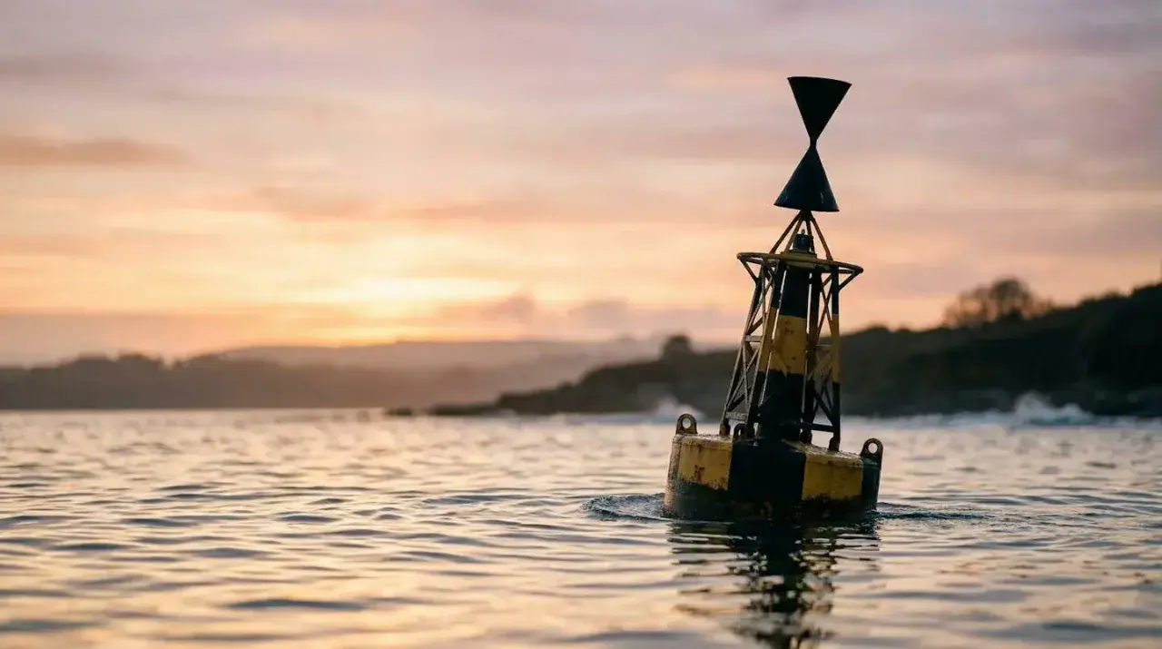 Une bouée jaune et noire, un bms bateau, flotte sur l'eau calme au coucher du soleil.