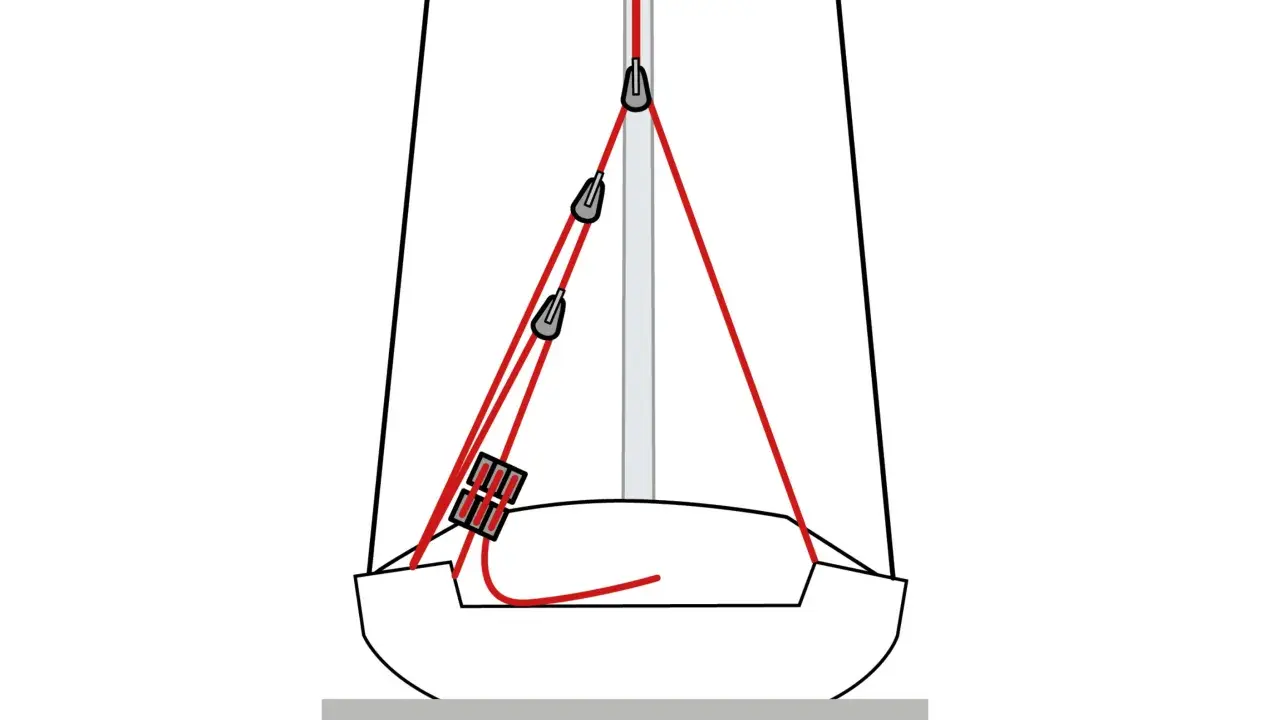 Schéma d'un pataras de voilier, montrant le système de poulies et de cordages pour ajuster la tension du mât.