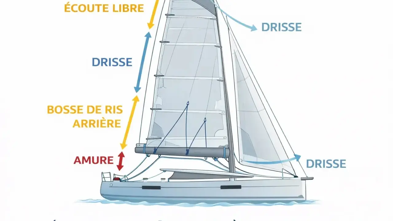 Schéma d'un voilier montrant le réglage de la grand-voile. La bosse de ris arrière est utilisée pour réduire la voilure.