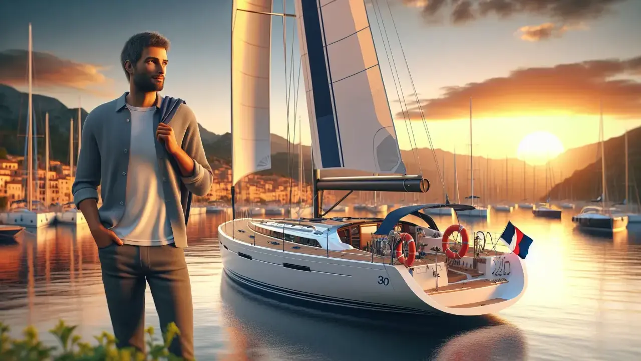 Un homme rêve de son prochain voyage. Quel voilier pour un tour du monde en solitaire ? Un yacht blanc élégant est amarré dans un port pittoresque au coucher du soleil.
