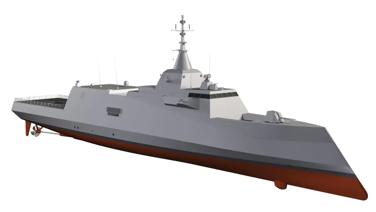 Navire de guerre moderne avec une étrave inversée distinctive, propulsé par une hélice visible.