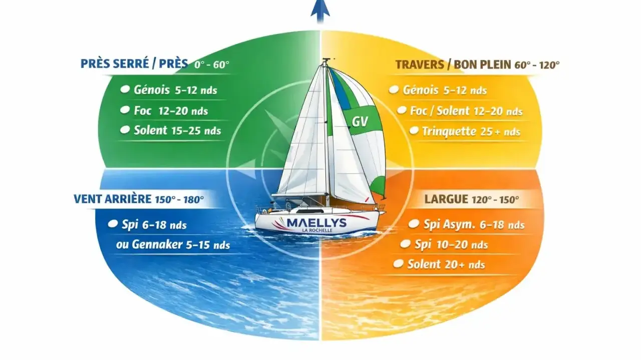 Schéma expliquant les voiles à utiliser selon le vent : spi, génois, foc, trinquette, gennaker. Le voilier est au centre.