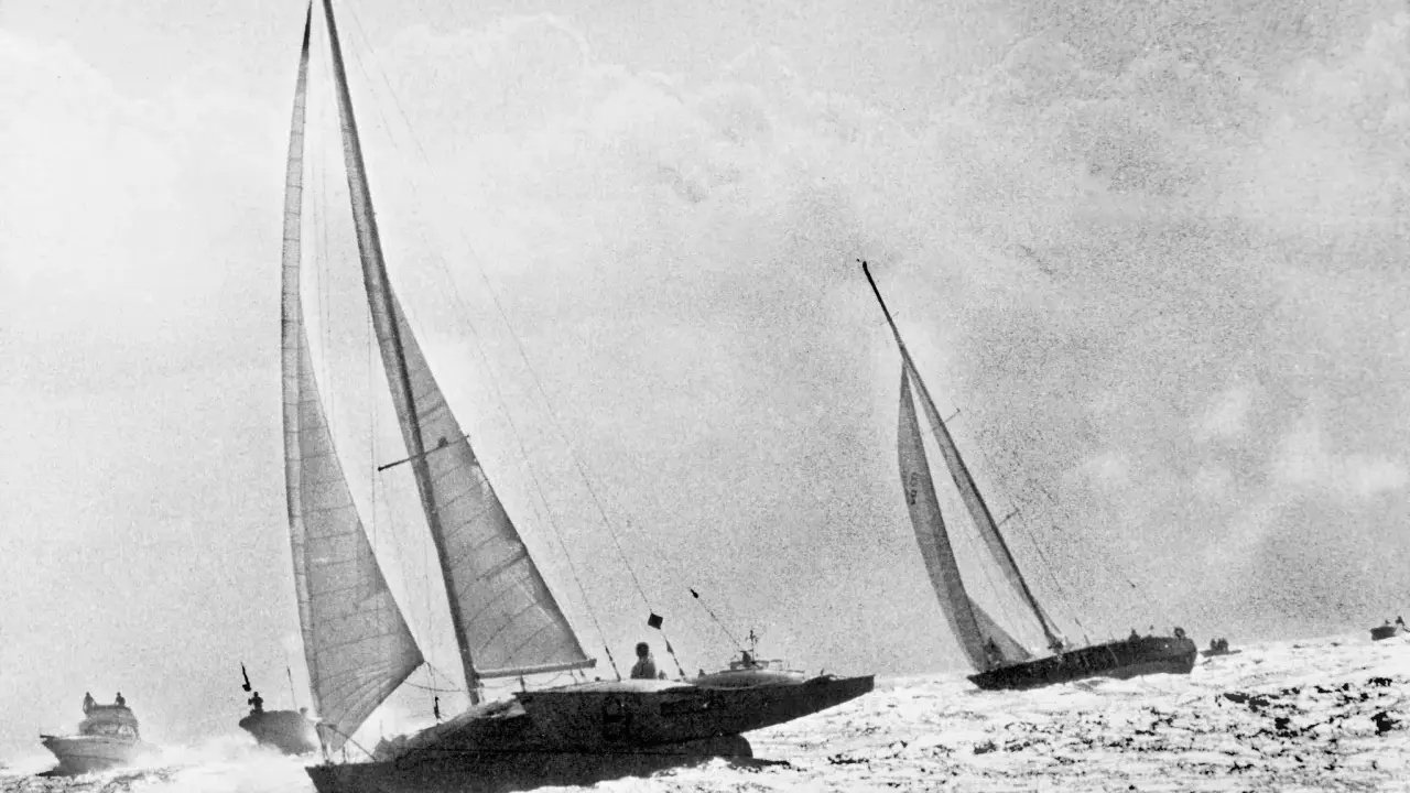Course de voiliers en pleine mer, avec Michel Malinovsky à la barre d'un des bateaux.