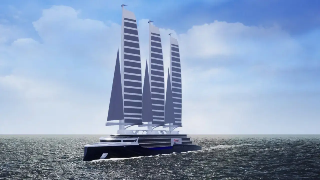 Un navire futuriste glisse sur l'eau, ses trois voiles rigides et élancées capturant le vent sous un ciel bleu parsemé de nuages.