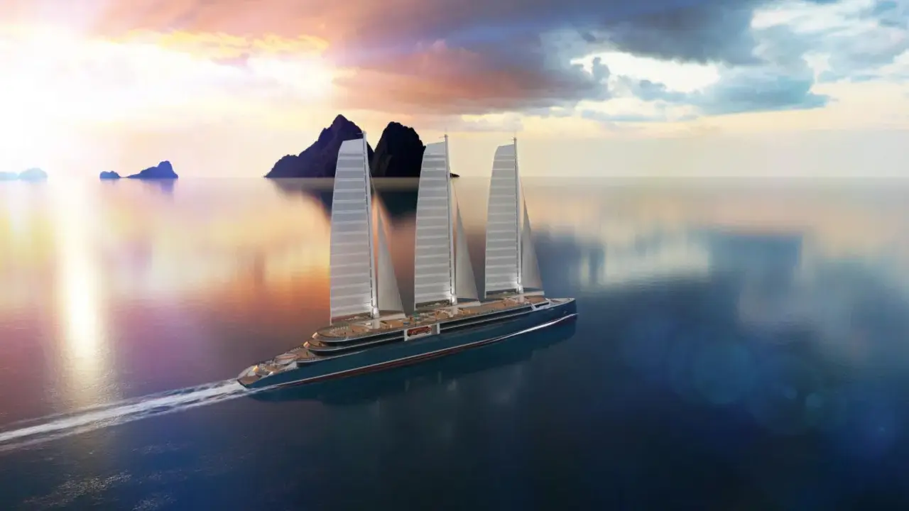 Un paquebot à voile futuriste navigue sur une mer calme au coucher du soleil, avec des voiles imposantes et des îles lointaines.