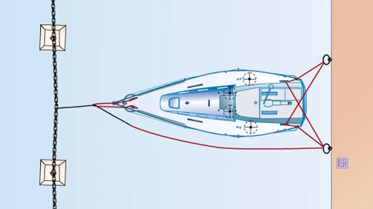 Vue aérienne d'un voilier amarré avec une pendille. Le bateau est relié à des chaînes et des corps-morts par l'avant et à un quai par l'arrière.