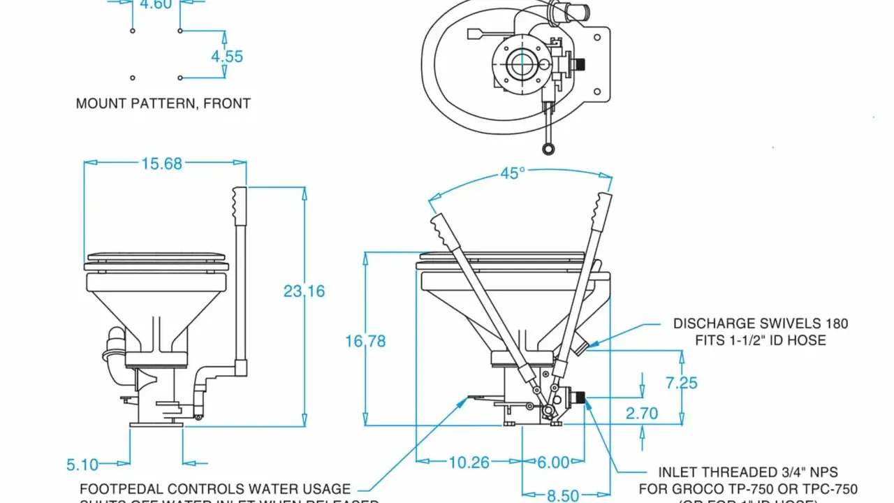 Schéma technique d'un wc marin, montrant ses dimensions et son wc marin fonctionnement. Le pédalier contrôle l'usage de l'eau.