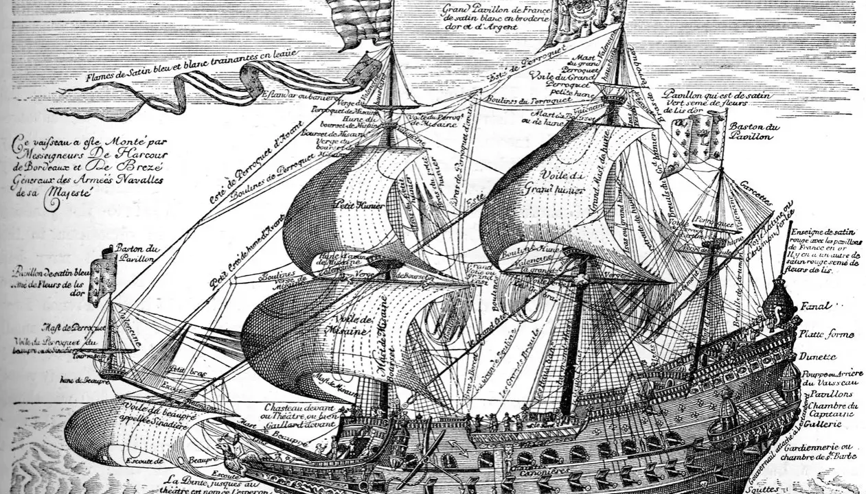 Gravure d'un majestueux bateau 17ème siècle, le "Navire Royal", avec ses voiles gonflées et ses nombreux détails annotés.