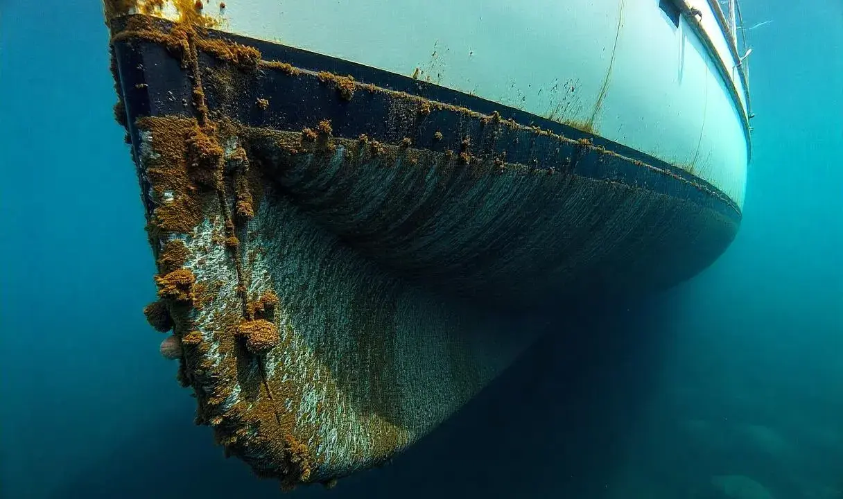 Vue sous-marine du **bateau mou** couvert d'algues et de coquillages, sa coque blanche et noire contrastant avec le bleu profond de l'eau.