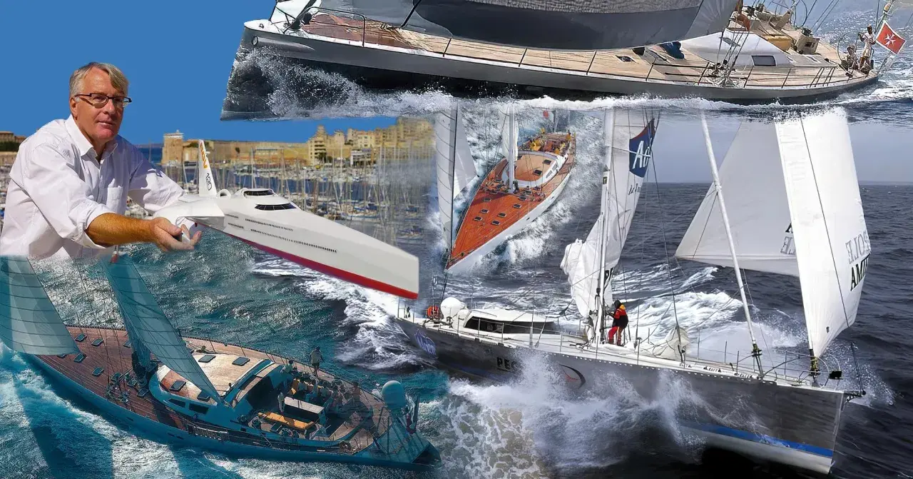 Gilles Vaton, architecte naval, présente ses créations : voiliers de luxe, bateaux futuristes et navires de course en pleine mer.