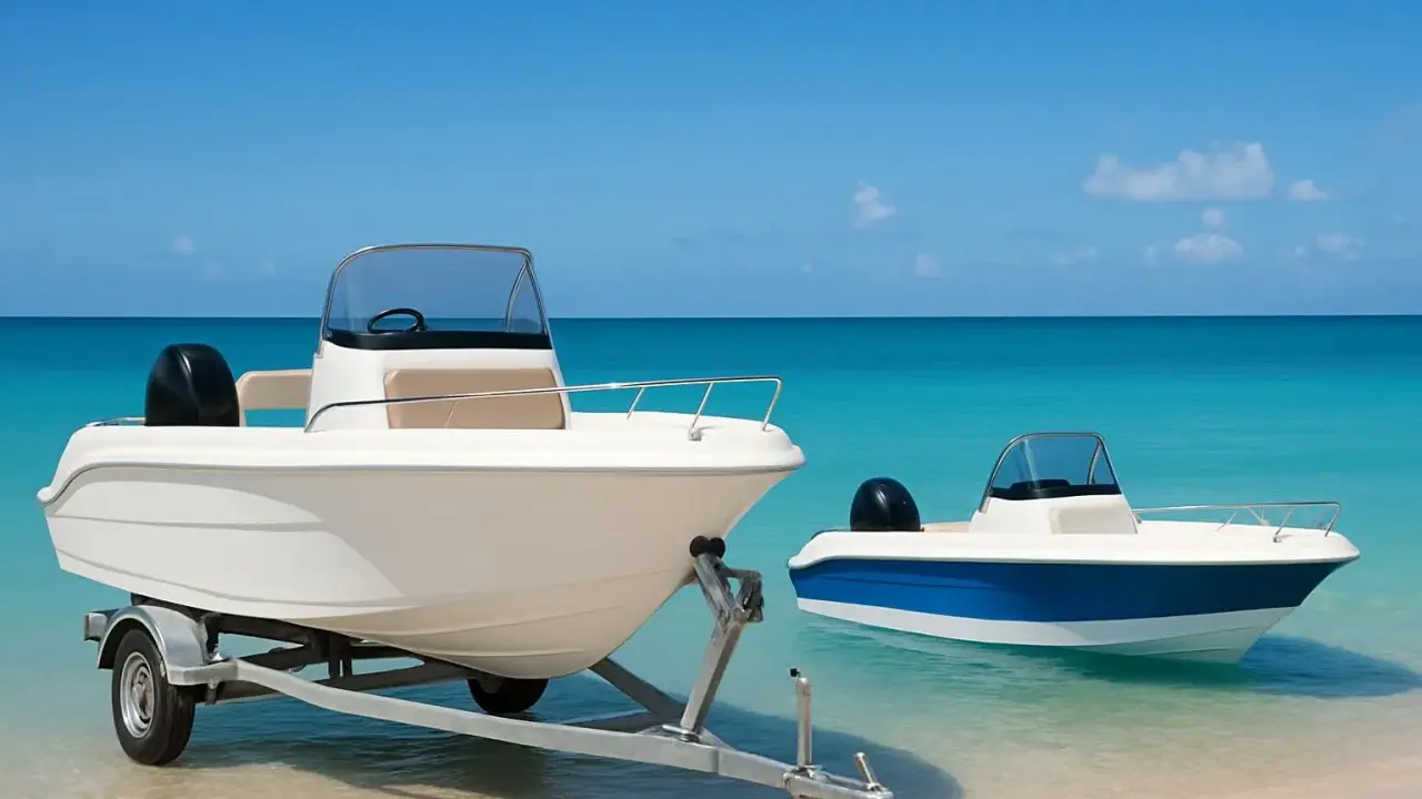 Deux bateaux blancs sur une plage de sable fin, l'un sur une remorque. Idéal pour un compromis vente bateau sous le soleil.