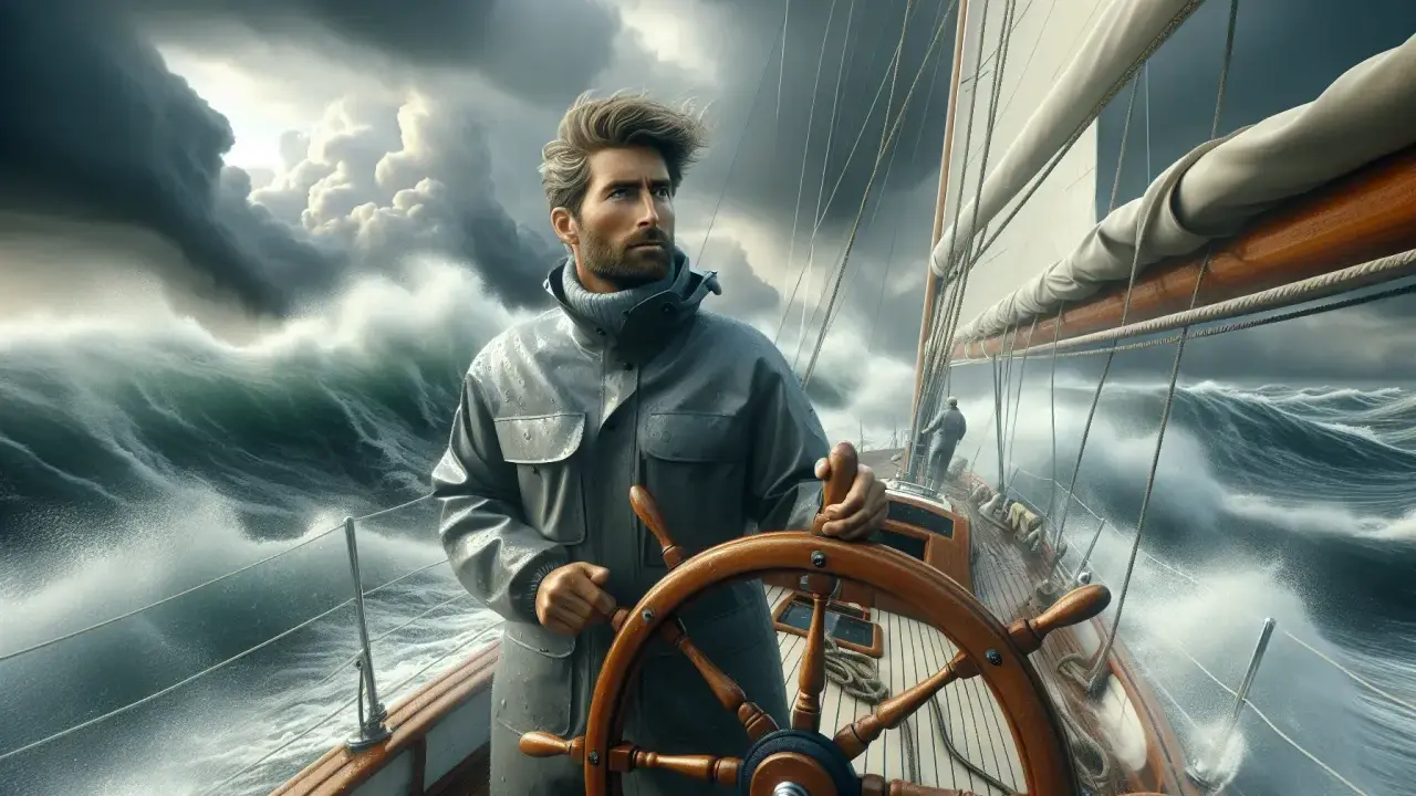 Un homme au gouvernail d'un bateau dans la tempête, affrontant les vagues déchaînées sous un ciel orageux.
