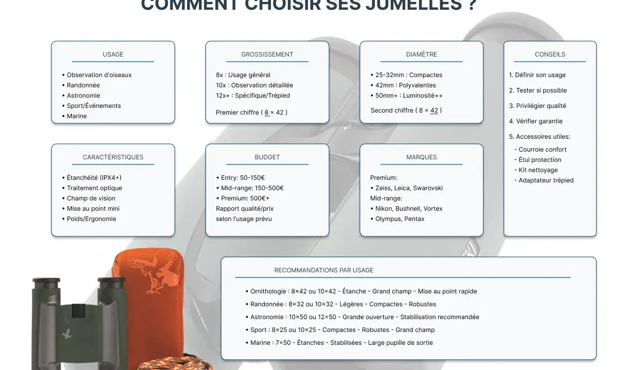 Guide pour comment choisir des jumelles : usage, grossissement, diamètre, budget, marques, caractéristiques et conseils pour un achat éclairé.