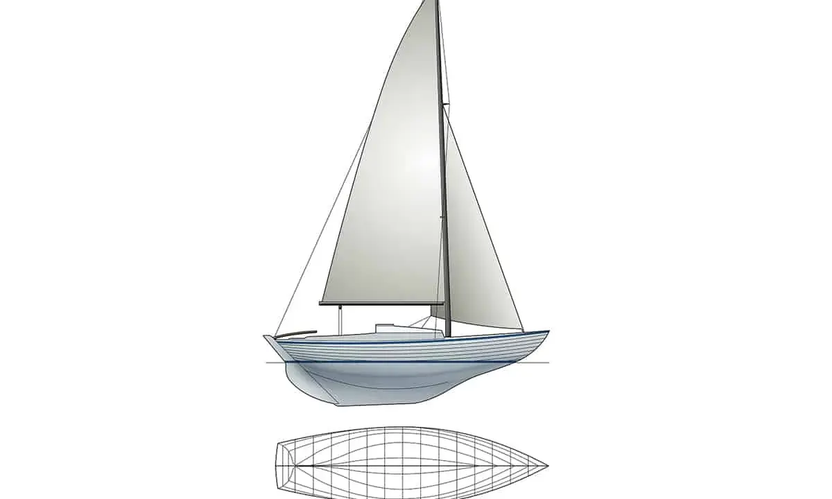 Vue latérale d'un voilier de type folk boat, avec sa ligne de flottaison et une vue en plan de sa coque.