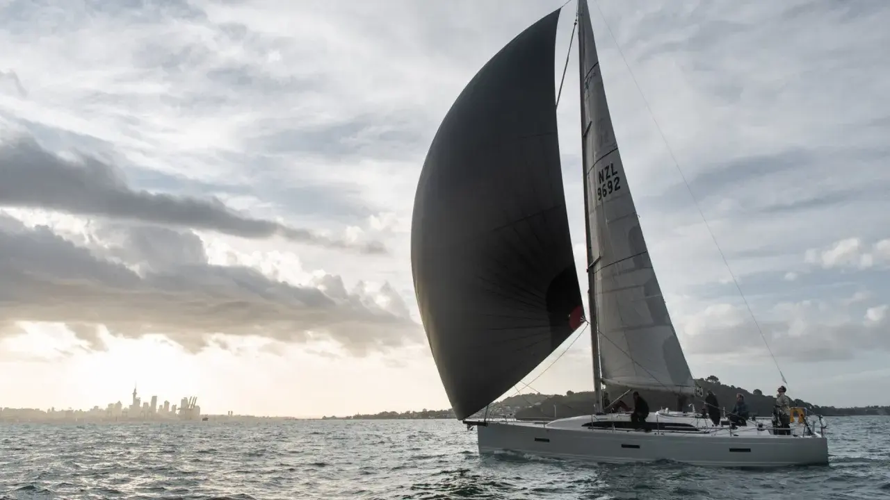Un voilier navigue avec un grand gennaker noir gonflé par le vent, contrastant avec le spinnaker gris. La ville d'Auckland se dessine à l'horizon.