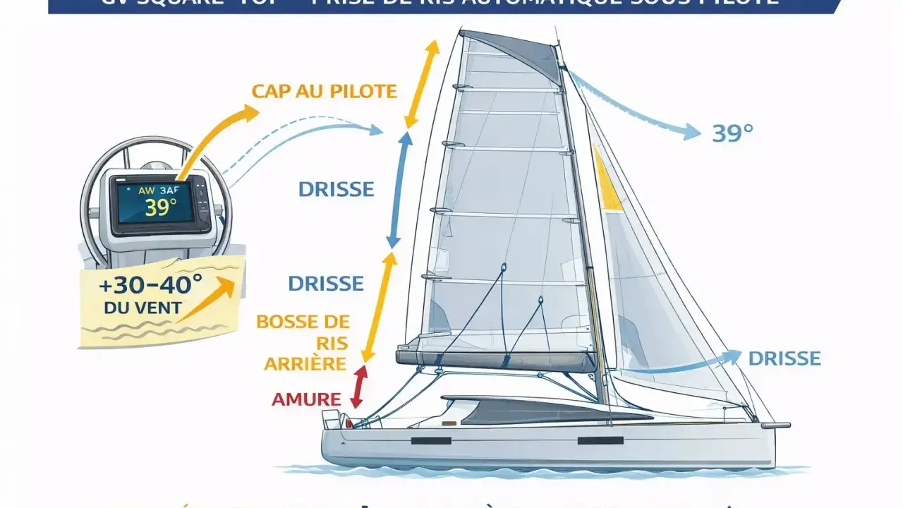 Schéma de prise de ris automatique sur un voilier. Le pilote automatique ajuste la voile selon le vent.