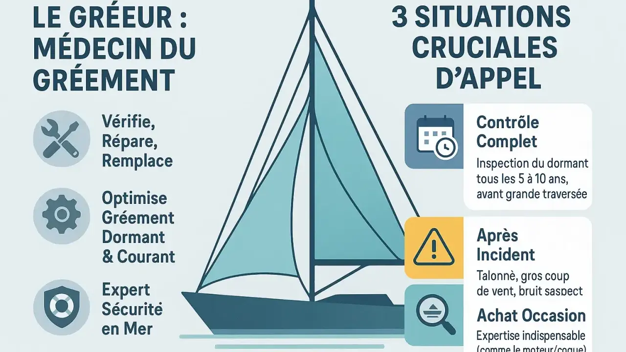 Le gréement d'un voilier, y compris le gréement courant, est essentiel. L'image montre un gréeur comme un médecin du gréement, avec des icônes pour la vérification, la réparation et l'optimisation.