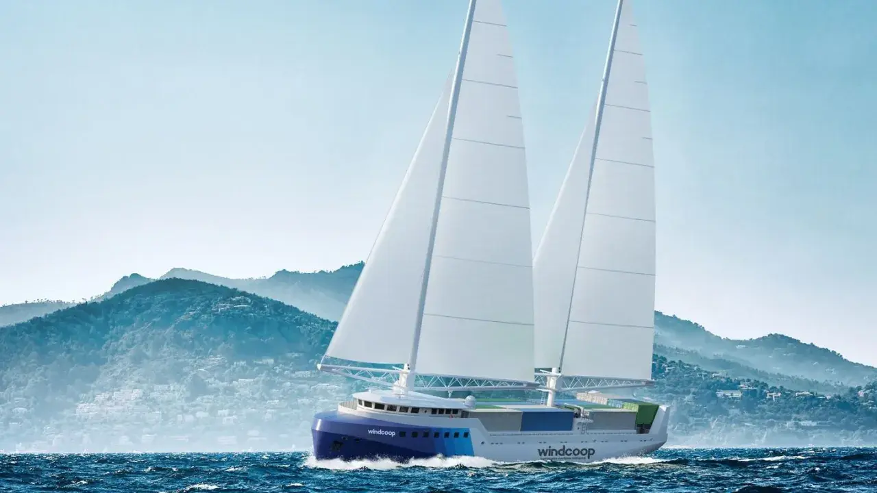 Un porte-conteneurs à voile futuriste navigue sur une mer agitée, avec des montagnes verdoyantes en arrière-plan.