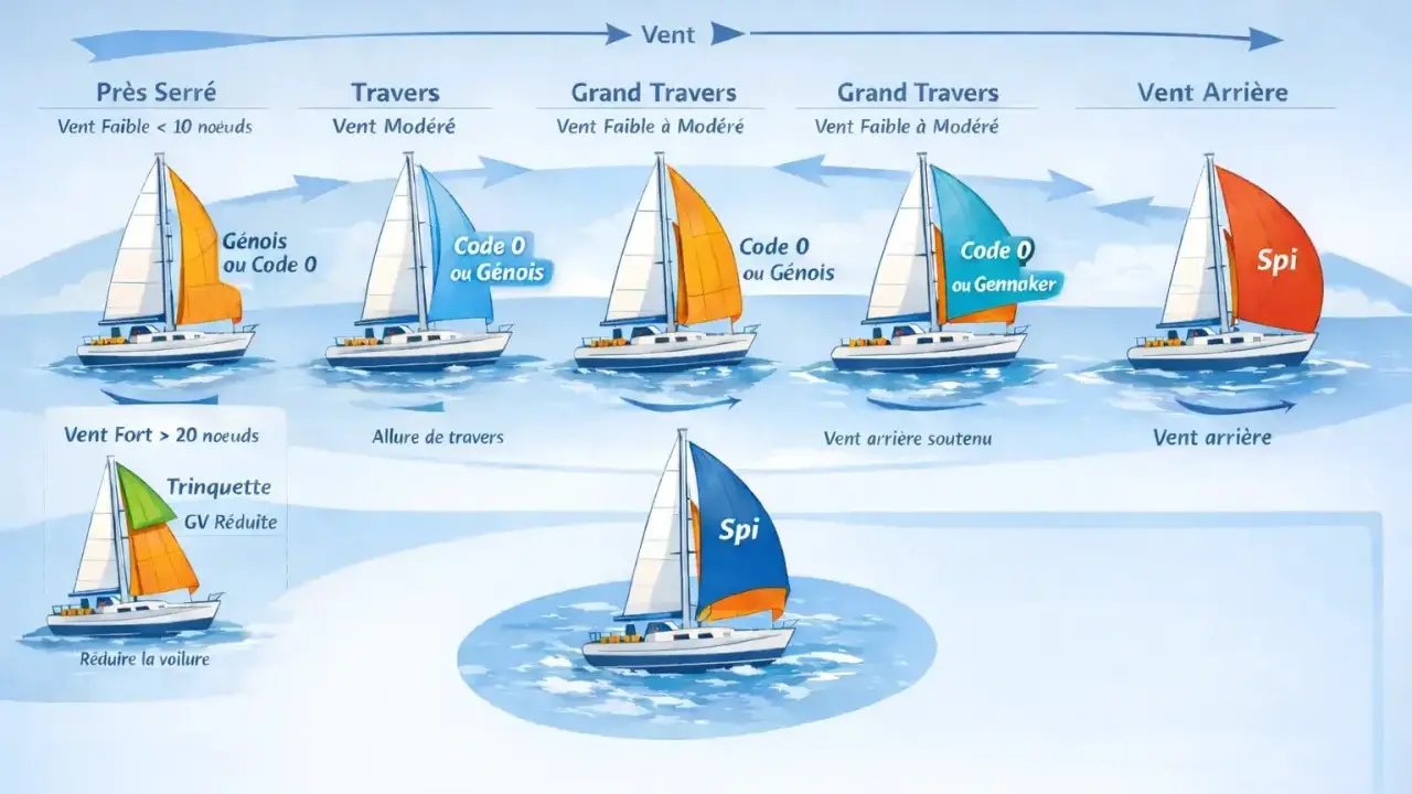 Schéma illustrant l'utilisation des voiles (génois, spi, trinquette) en fonction du vent et de l'allure en navigation.