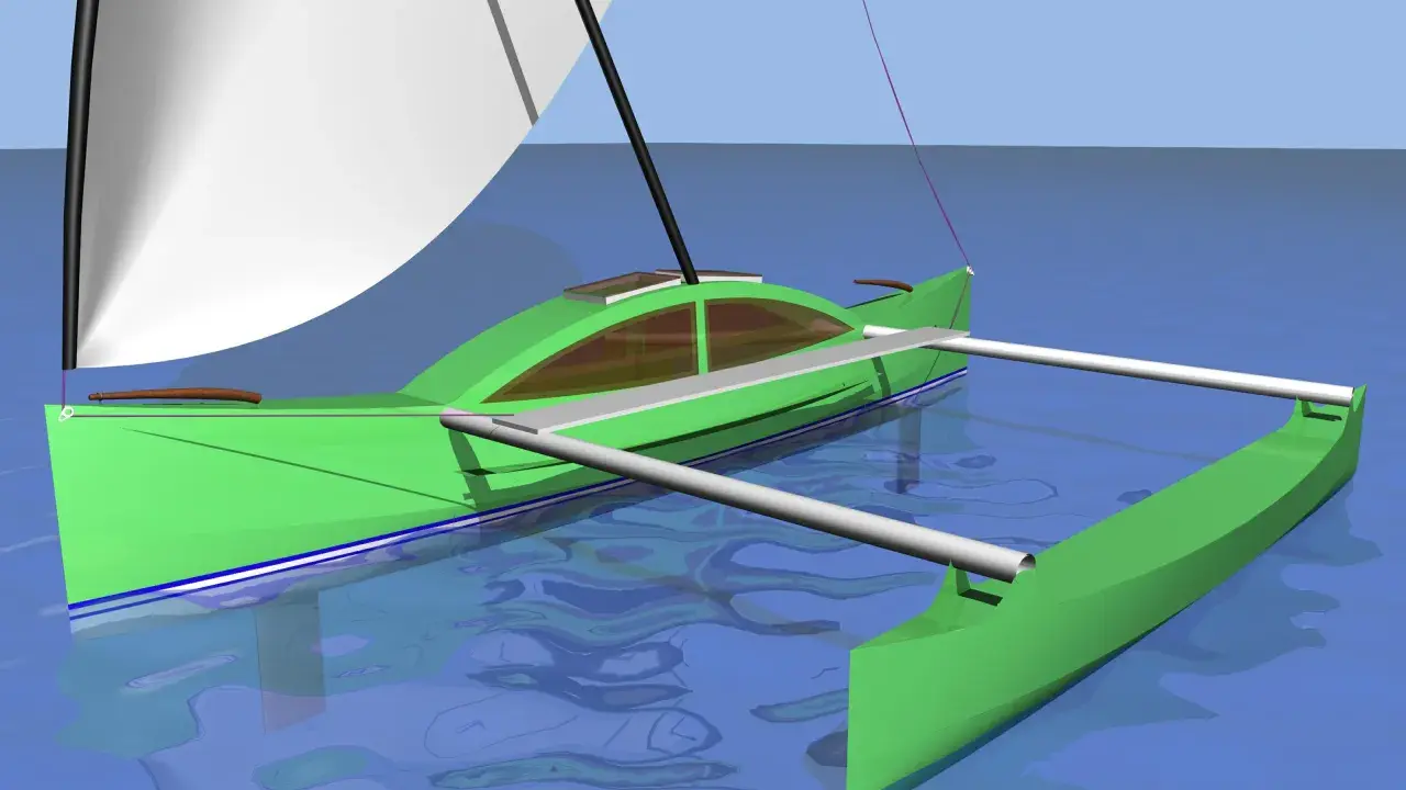 Un prao bateau vert, avec une voile blanche, navigue sur une eau bleue calme.