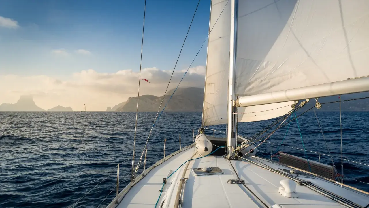 Le voilier navigue sur une mer bleue, le grand voile blanc gonflé par le vent. Au loin, des îles brumeuses se dessinent sous un ciel clair.