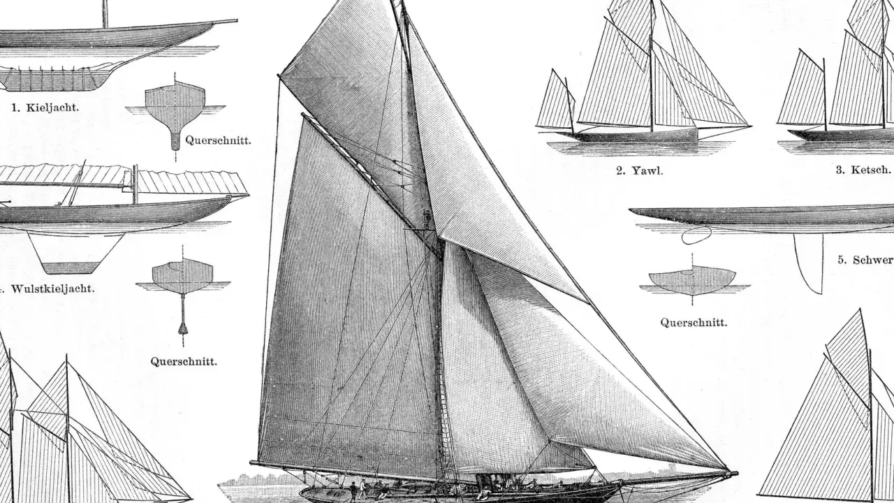 Illustration de différents types de voiliers, dont un grand yacht Meteor Kutter, avec des vues de coupe.