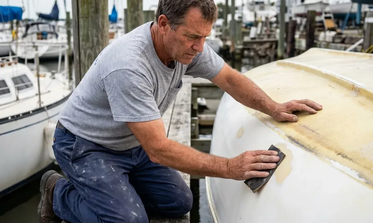Un homme ponce le flanc d'un bateau pour refaire le gelcoat. Il est à genoux sur un ponton, entouré d'autres voiliers.