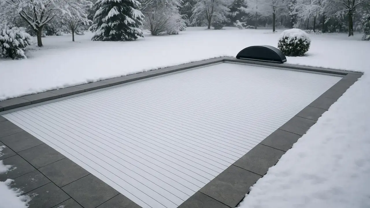 Piscine recouverte d'une couverture blanche et etanche, dans un jardin enneigé. Le paysage hivernal est paisible.