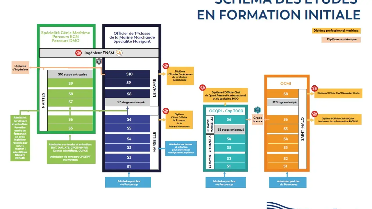 Le schéma des études ENSM montre les parcours pour devenir officier ou ingénieur maritime. Un futur boat captain peut y trouver sa voie.