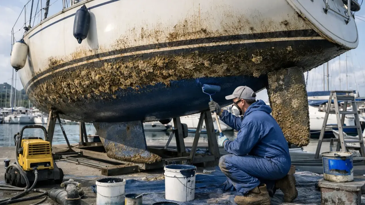 Un marinier applique une nouvelle couche de peinture antifouling sur la coque d'un voilier. Il est temps de choisir quel antifouling choisir pour protéger le bateau.