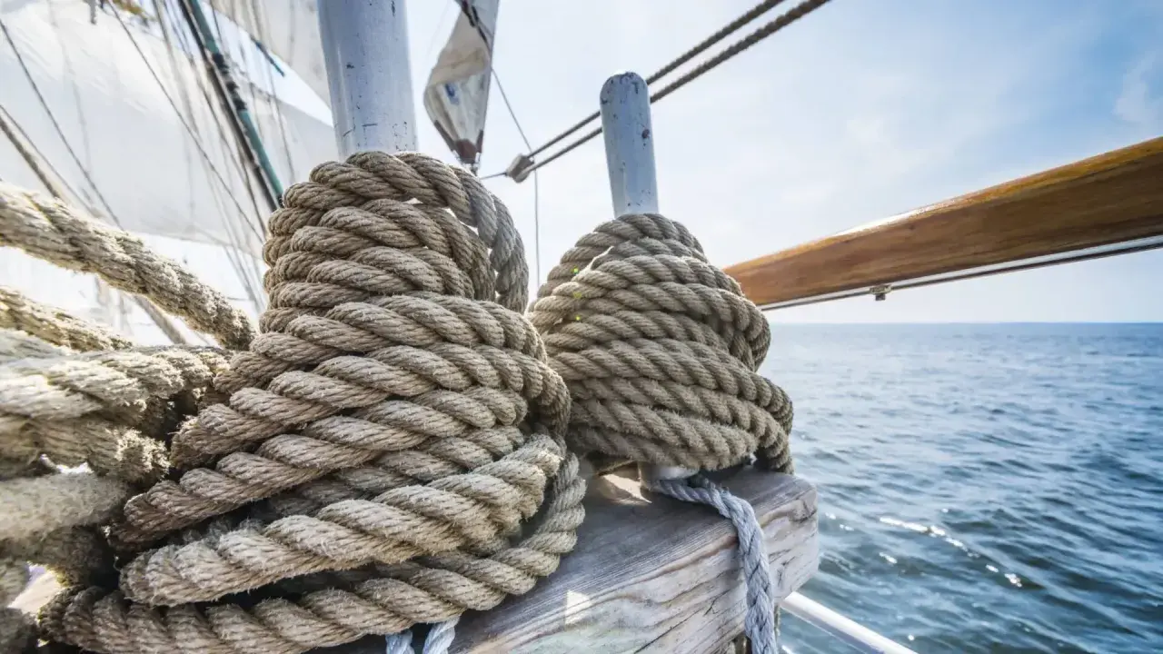 Gros cordages enroulés sur des taquets, prêts pour l'aventure. La proue du bateau fend les flots bleus sous un ciel clair.