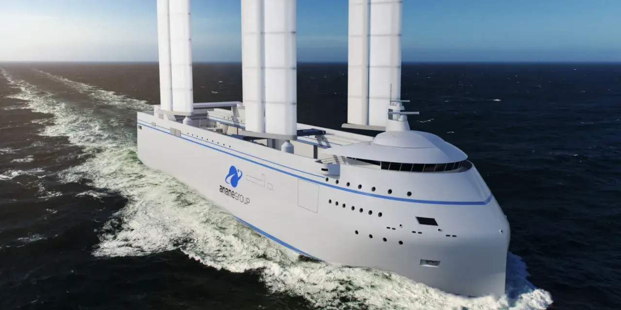 Bateau futuriste avec une canopée de voiles, naviguant sur une mer agitée.