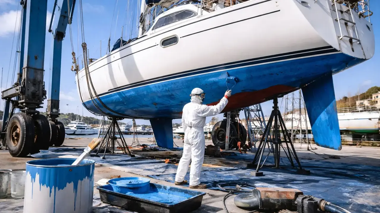 Un marinier en combinaison blanche peint le carénage d'un bateau blanc et bleu, soulevé par une grue.