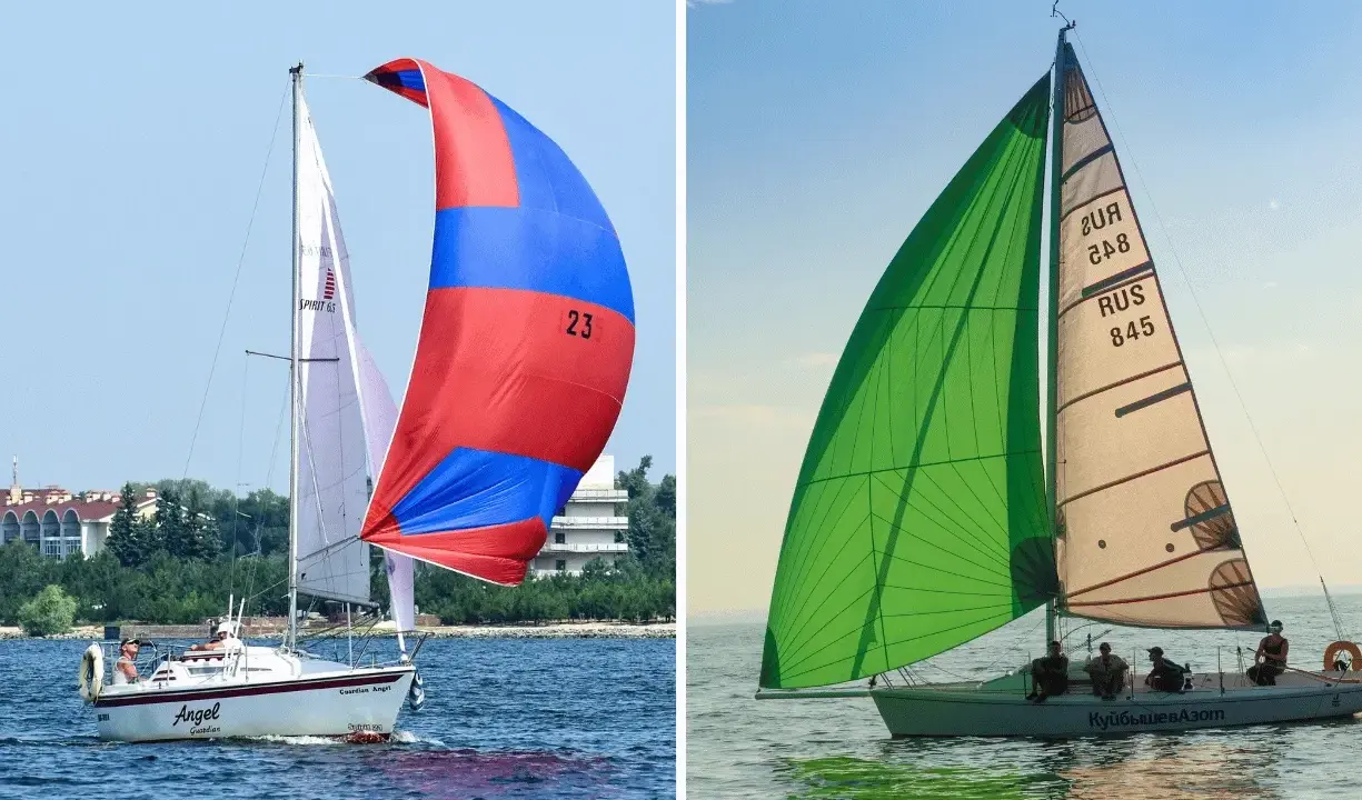 Voiliers en pleine course, l'un avec un spi asymétrique rouge et bleu, l'autre avec une voile verte éclatante.