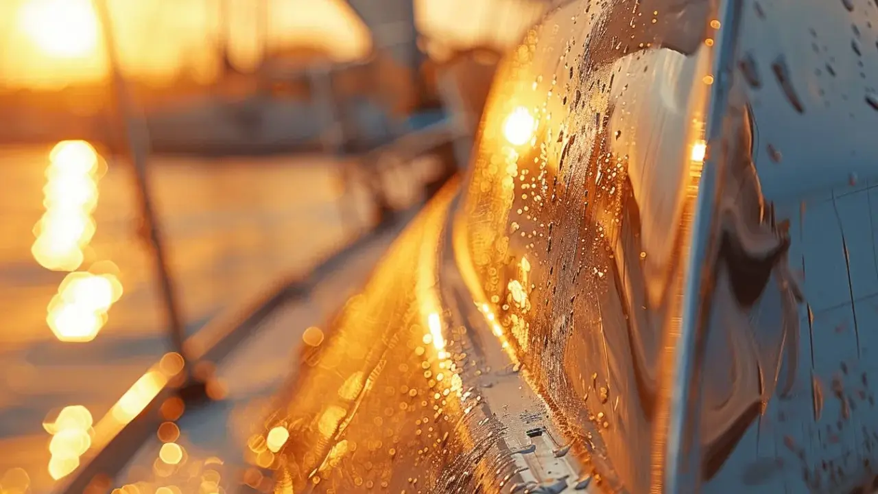 Gouttes d'eau sur le bord d'un voilier, reflétant un coucher de soleil safran.