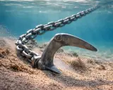 Ancre s'enfonçant dans le sable, sa chaîne s'étendant vers la surface. Le poids de l'ancre par rapport au bateau est essentiel pour le maintenir stable.
