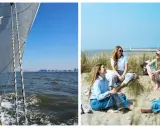 Un voilier prend le large, ses voiles gonflées par le vent. Sur la plage, des amies profitent du soleil, un moment de détente avant d'embarquer pour une nouvelle aventure.