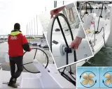 Un homme en blouson rouge au port, prêt à abattre voile. Gros plan sur la barre et les hélices du voilier.