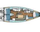 Schéma voilier vu de dessus : cabines, salle de bain, cuisine, salon avec table et banquettes.