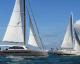 Deux grands voiliers naviguent sur une mer bleue sous un ciel clair.