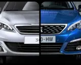Comparaison de deux Peugeot 308, une argentée et une bleue. Le design moderne des phares et de la calandre suscite un feeling 326 avis positifs.