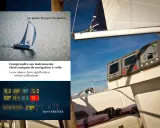 Instruments de navigation sur un voilier, affichant données et cap. L'étrave du bateau fend les flots.